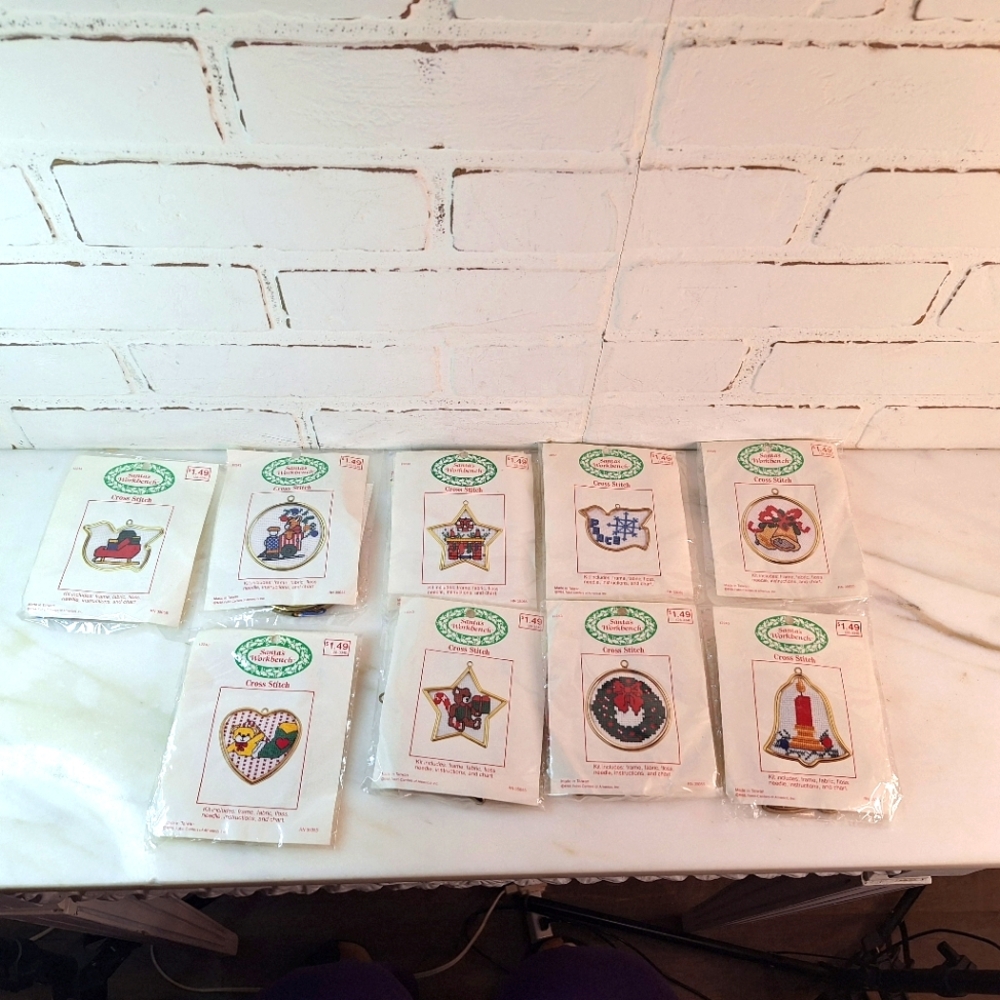 Bundle of 9 Vtg Santas Workbench Cross Stitch Ornaments,  New in package